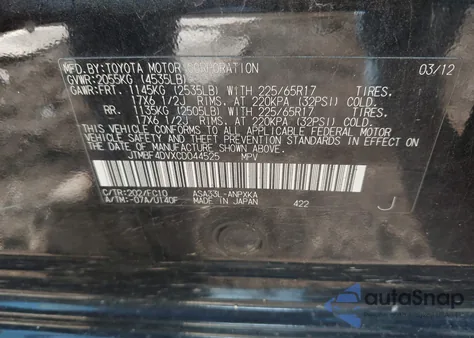 2012 Toyota Rav4 z USA, uszkodzony, nr VIN JTMBF4DVXCD044525